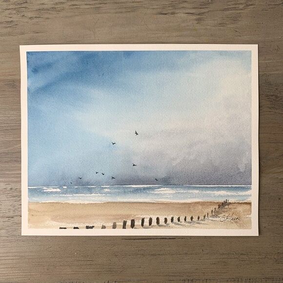 Original Watercolor Seascape Painting Beach Birds Blue Skies Fence 8x10 Signed - Picture 2 of 2